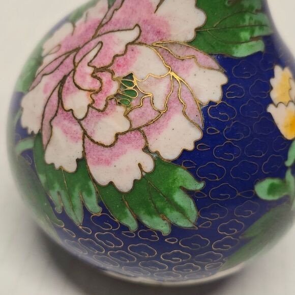 Vintage Oriental Japanese Cloisonne Navy Blue Vase Floral Theme - Picture 2 of 9